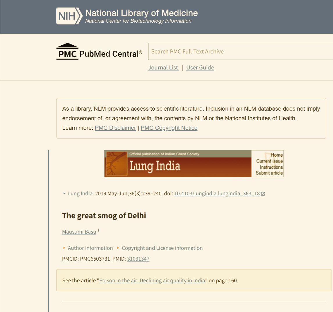 PubMed Central article screenshot about the great smog of Delhi
