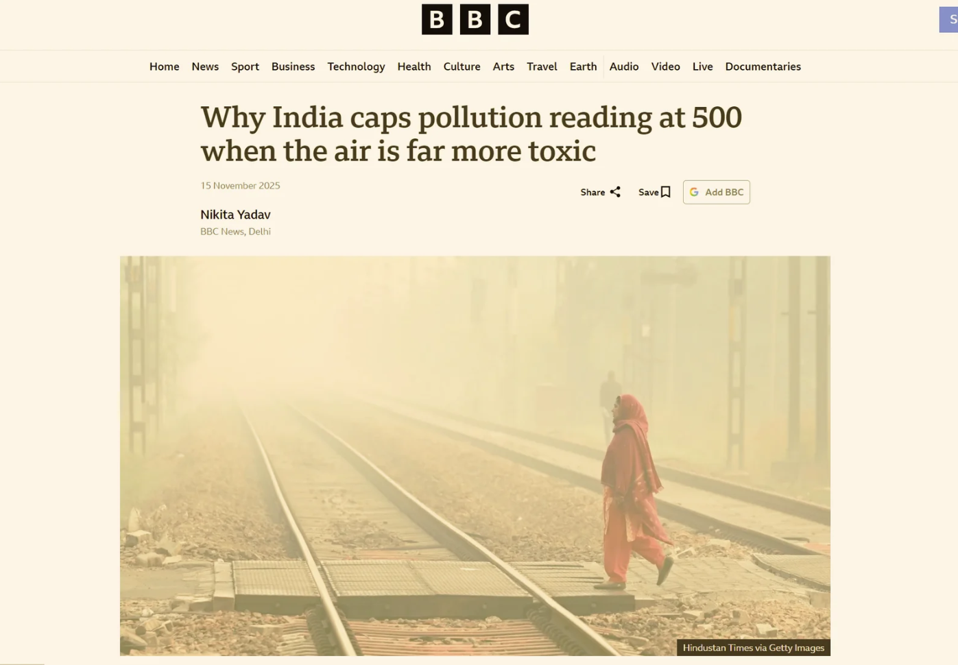BBC article screenshot about India capping pollution readings at 500