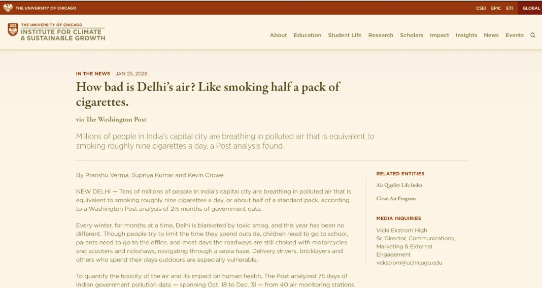 University of Chicago article screenshot about Delhi air and cigarettes