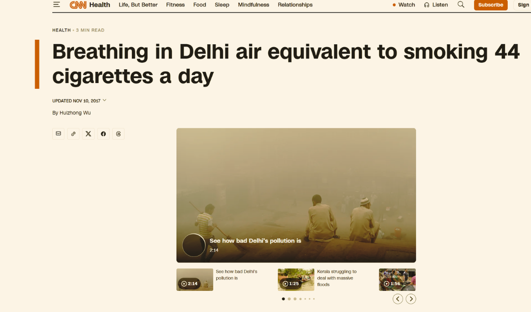 CNN article screenshot about Delhi air being equivalent to smoking 44 cigarettes a day