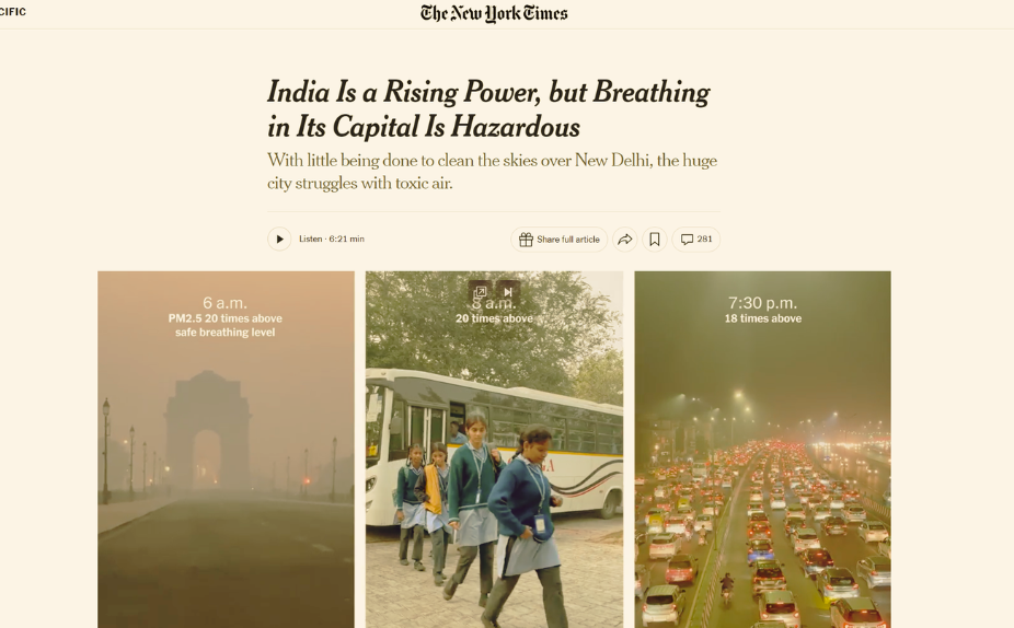 New York Times article screenshot about hazardous air in New Delhi